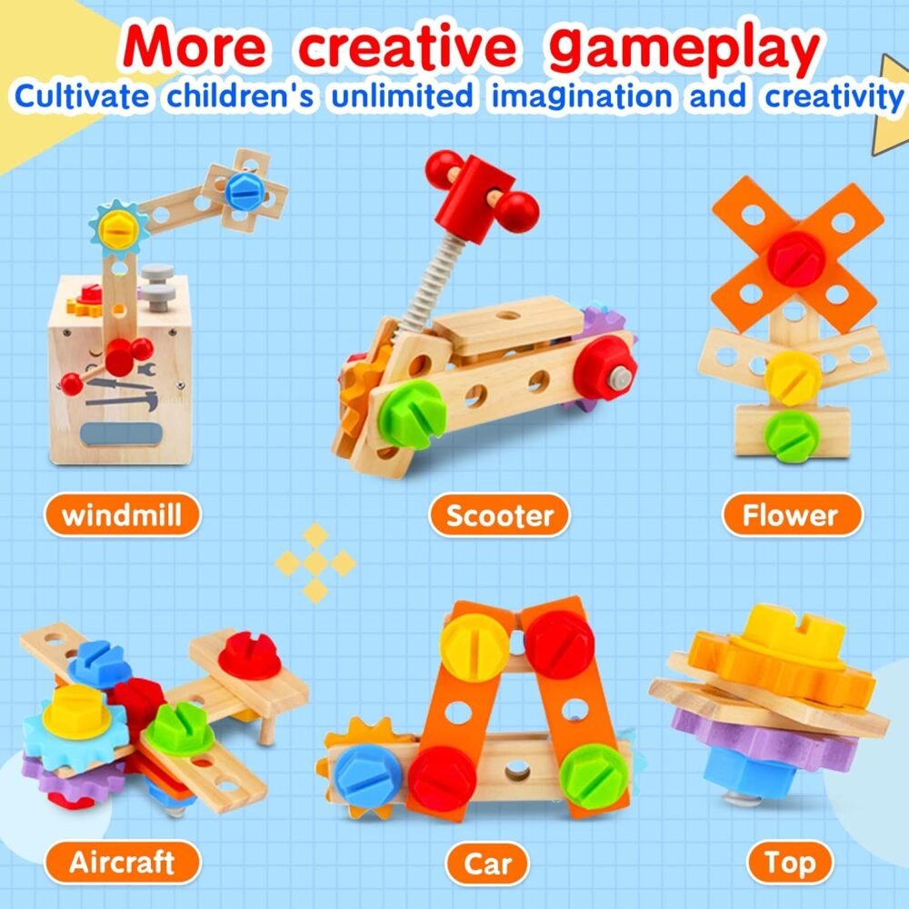 Kids Tool Set - 29 PCS Wooden Toddler Tool with Box, Montessori STEM Educational Pretend Play Construction Toy for 2 3 4 5 6 Year Old Boys Girls, Best Birthday Gift - Image 6