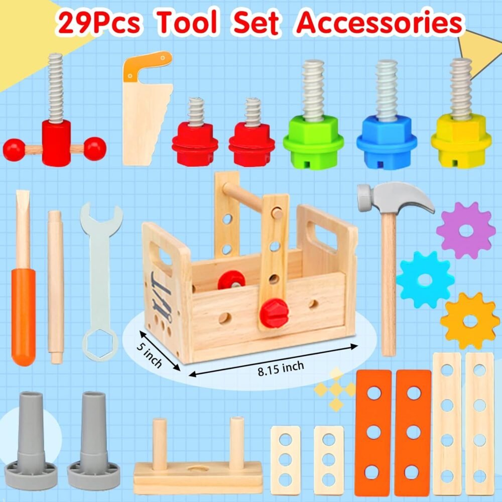 Kids Tool Set - 29 PCS Wooden Toddler Tool with Box, Montessori STEM Educational Pretend Play Construction Toy for 2 3 4 5 6 Year Old Boys Girls, Best Birthday Gift - Image 7
