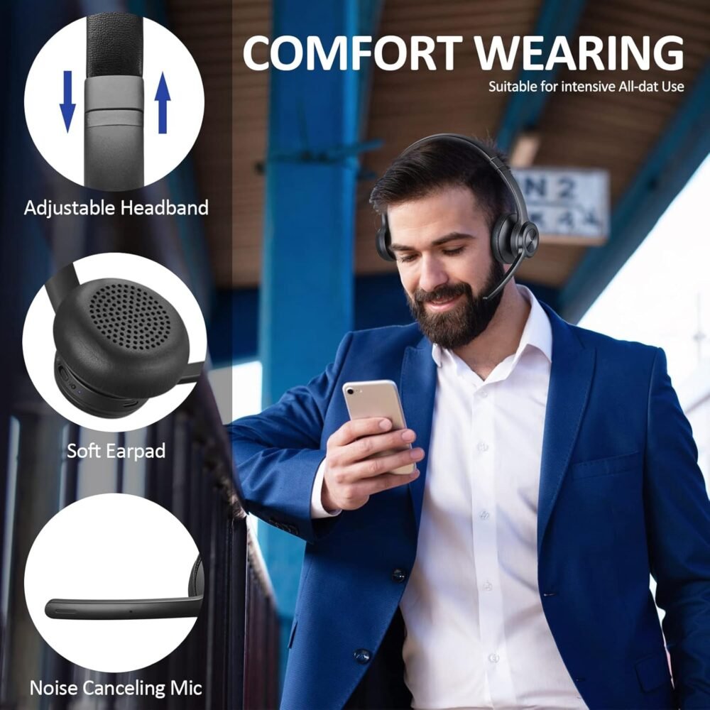 Bluetooth Headset V5.2, Wireless Headphones with Noise Cancelling Microphone, On Ear Wireless Headset for Cell Phones Laptop Computer - Image 4