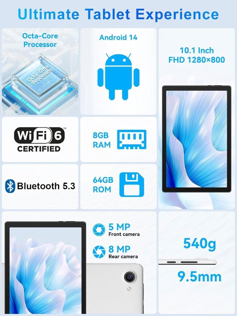 Android Tablet With Octa-Core Processor, 10 Inch HD LCD Touch Screen, 8GB RAM 64GB ROM 1T Expand, Wi-Fi 6, BT 5.3, Dual Camera, Long Life Battery, Google Tablet 2024 - Image 3