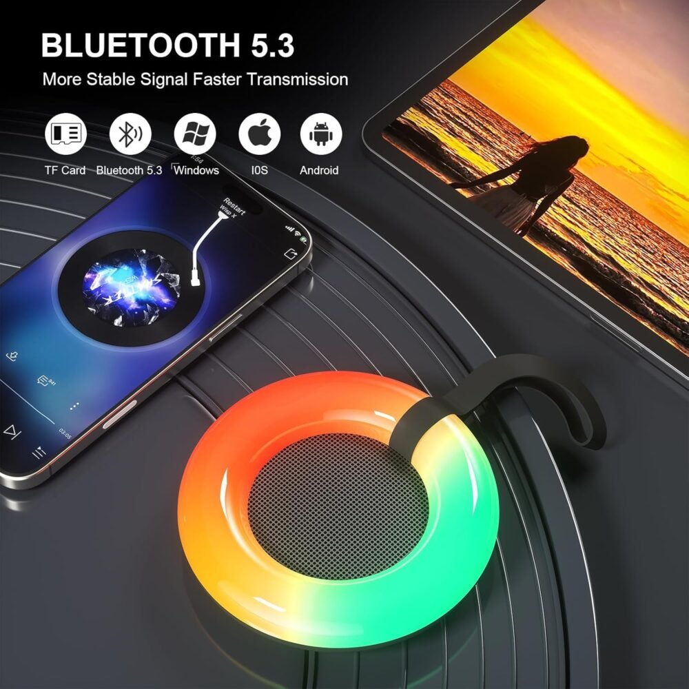IPX7 Waterproof Speaker with Dynamic LED Light,Bluetooth Shower Speaker,Portable Bluetooth Speakers,Floating, True Wireless Stereo for Outdoor/Pool/Beach,BT5.3/TF-Card,Ideal Gifts(Black) - Image 5