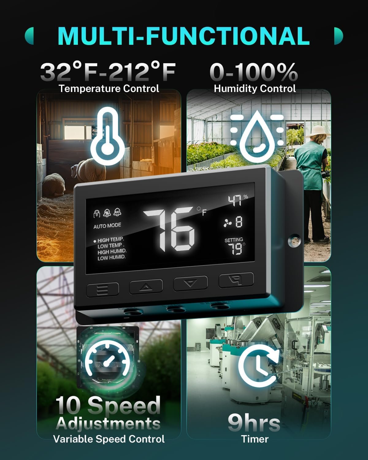 HG Power 14 Inch Attic Fan with Thermostat, Shutter Exhaust Fan with Smart Temperature Humidity Controller, Wall Mounted Greenhouse Fan with EC Motor for Garage, Shed Ventilation, Black - Image 3