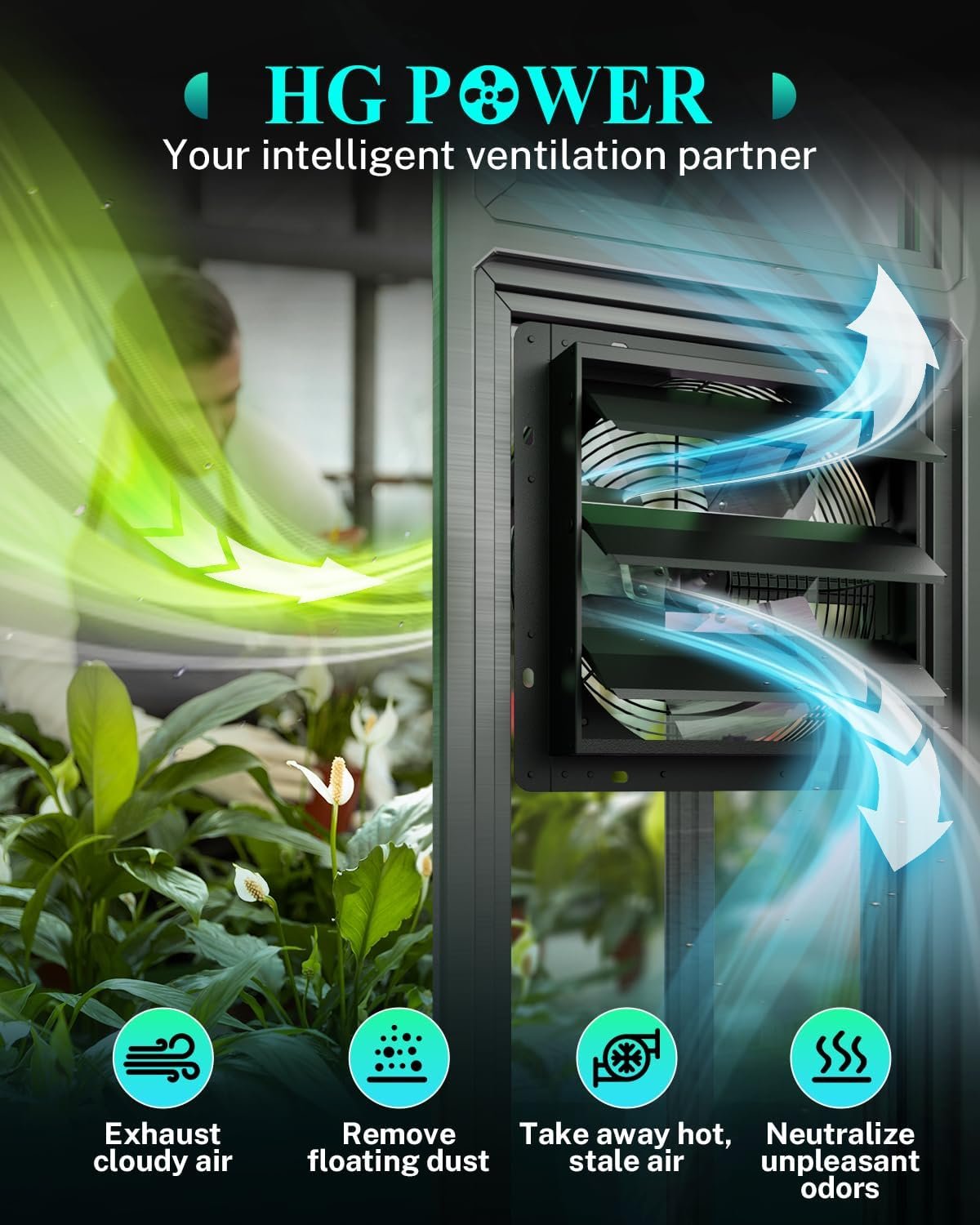 HG Power 14 Inch Attic Fan with Thermostat, Shutter Exhaust Fan with Smart Temperature Humidity Controller, Wall Mounted Greenhouse Fan with EC Motor for Garage, Shed Ventilation, Black - Image 6