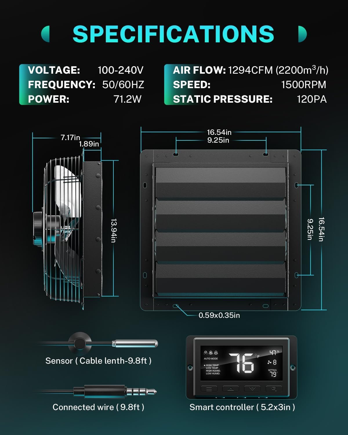 HG Power 14 Inch Attic Fan with Thermostat, Shutter Exhaust Fan with Smart Temperature Humidity Controller, Wall Mounted Greenhouse Fan with EC Motor for Garage, Shed Ventilation, Black - Image 7
