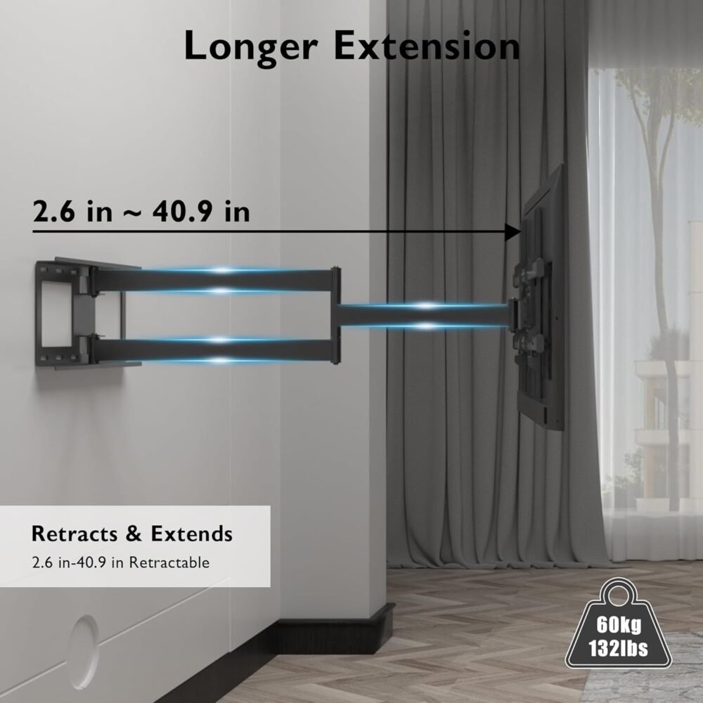 BONTEC TV Wall Mount with Extra Long Articulated Arm for 32-75 Inch TVs, Holds Up to 132lbs, Full Motion Dual Arm Long Reach TV Bracket with Tilt, Swivel, and Level Adjustment, Max VESA 600x400mm - Image 4