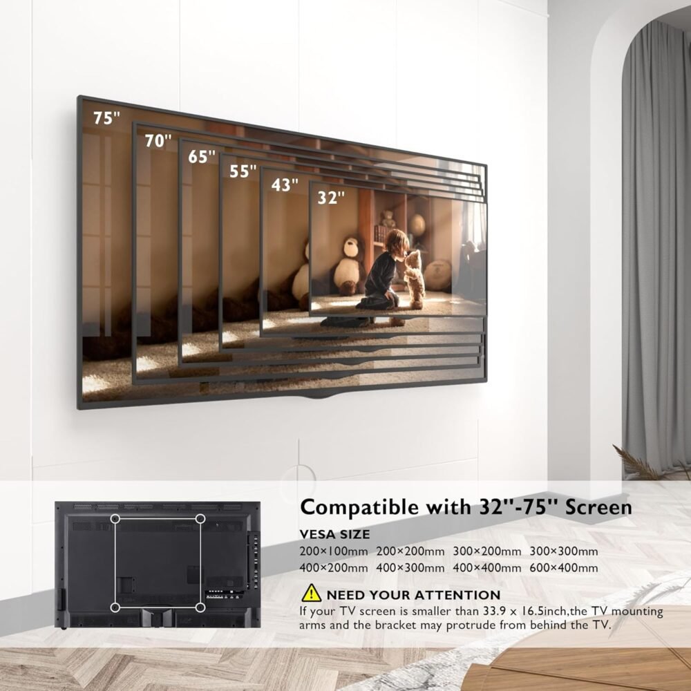 BONTEC TV Wall Mount with Extra Long Articulated Arm for 32-75 Inch TVs, Holds Up to 132lbs, Full Motion Dual Arm Long Reach TV Bracket with Tilt, Swivel, and Level Adjustment, Max VESA 600x400mm - Image 8
