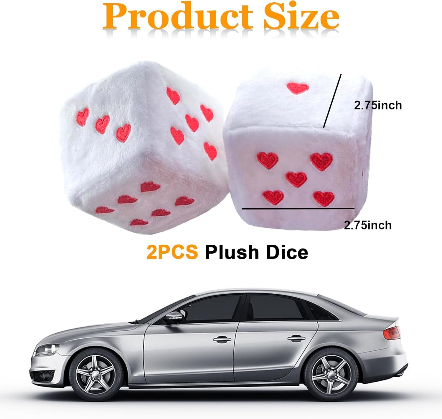 Ziciner Pair Fuzzy Plush Dice for Car Mirror, 3'' Retro Square Dice with Heart-Shape, Universal Auto Rearview Mirror Hanging Ornament Decoration, Vehicle Interior Accessories for Women (White) - Image 3