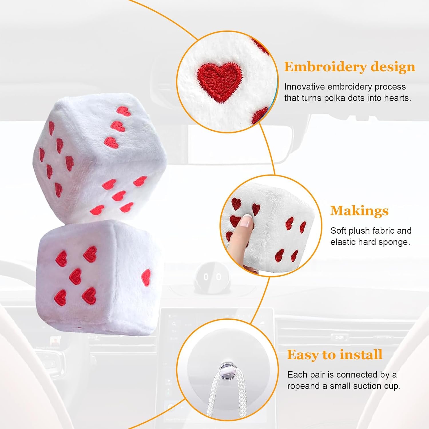 Ziciner Pair Fuzzy Plush Dice for Car Mirror, 3'' Retro Square Dice with Heart-Shape, Universal Auto Rearview Mirror Hanging Ornament Decoration, Vehicle Interior Accessories for Women (White) - Image 4