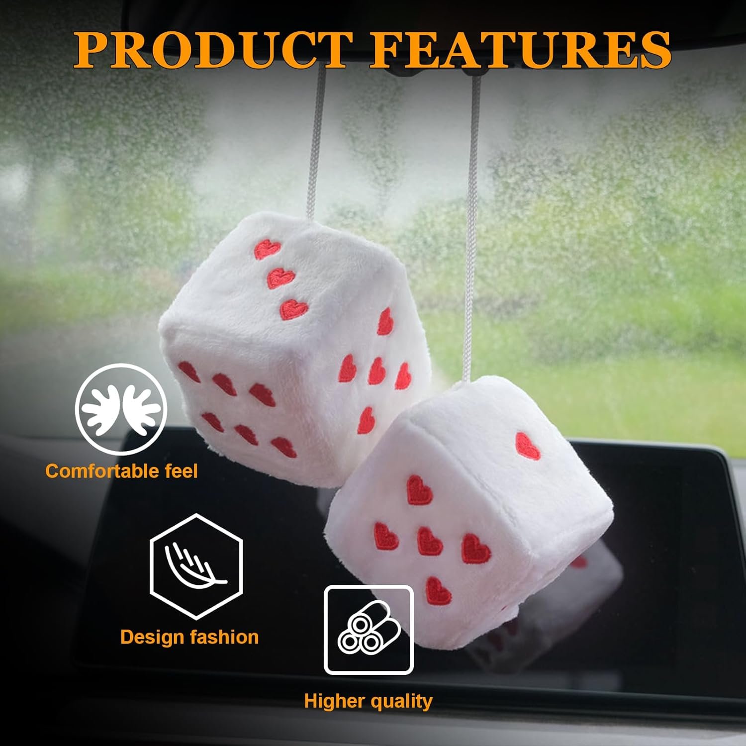 Ziciner Pair Fuzzy Plush Dice for Car Mirror, 3'' Retro Square Dice with Heart-Shape, Universal Auto Rearview Mirror Hanging Ornament Decoration, Vehicle Interior Accessories for Women (White) - Image 5