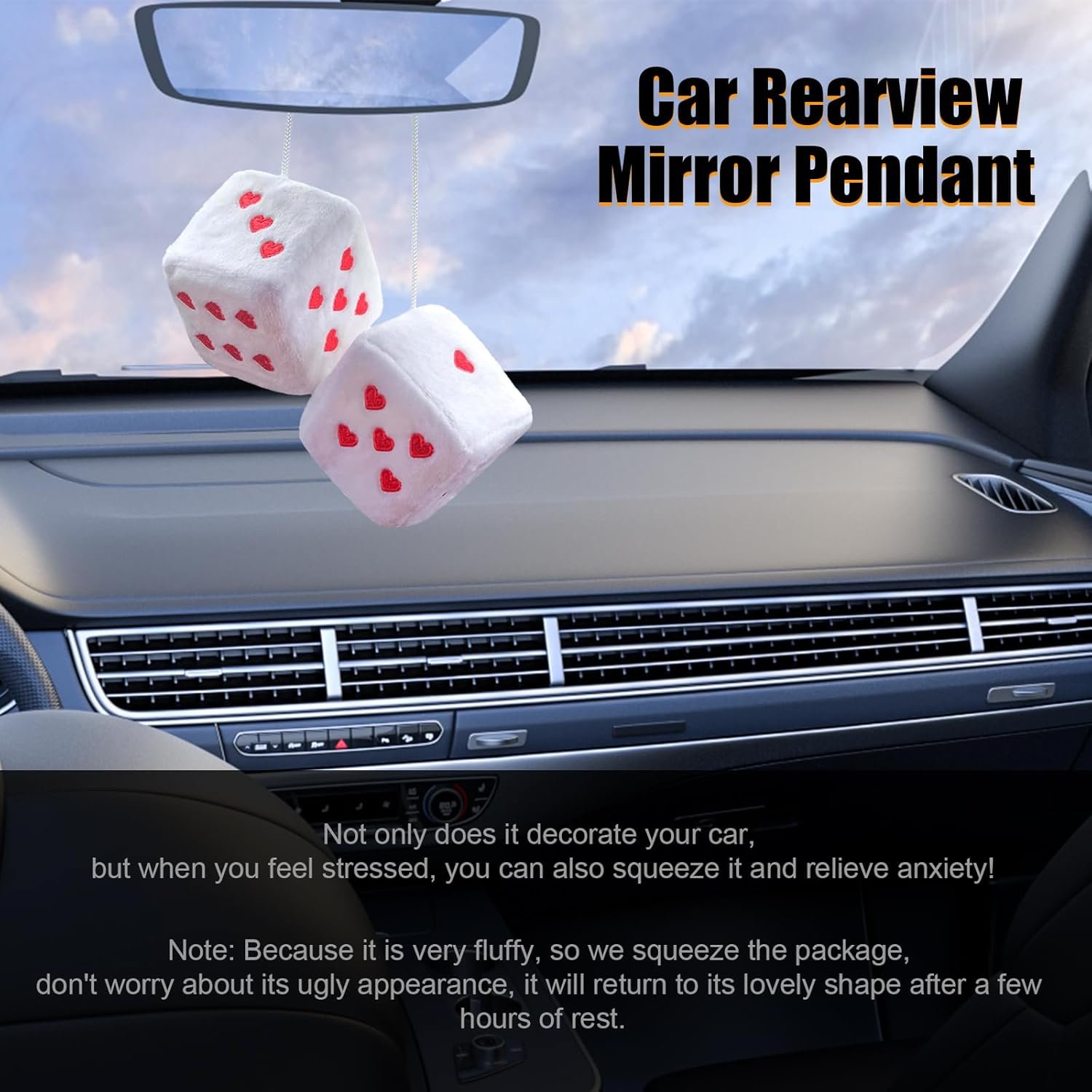 Ziciner Pair Fuzzy Plush Dice for Car Mirror, 3'' Retro Square Dice with Heart-Shape, Universal Auto Rearview Mirror Hanging Ornament Decoration, Vehicle Interior Accessories for Women (White) - Image 6