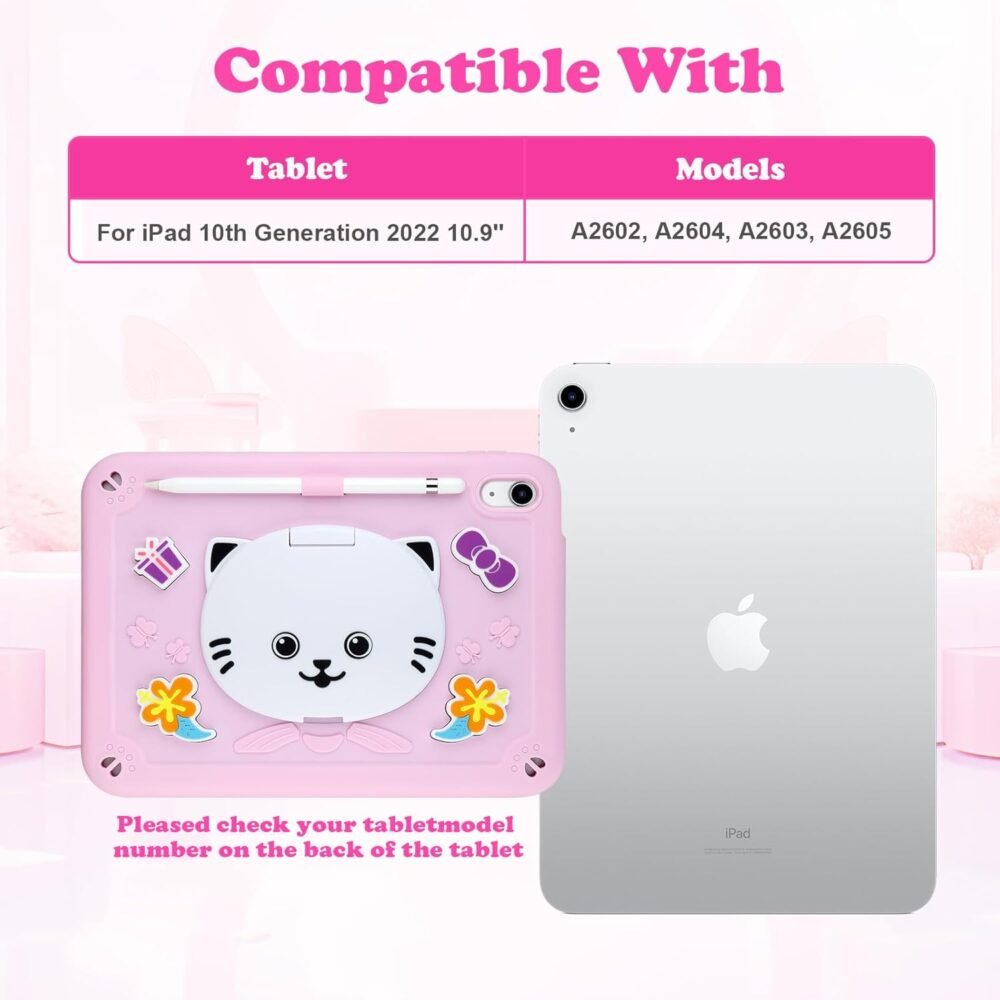 VOFUOE for iPad (A16) 11th Generation Case 2025, iPad 10th Generation Case 2022 10.9’’ Kids with Screen Protector Shoulder Strap 3D Cute Cat Stand Pencil Holder Hard Protective Cover-Pink - Image 3