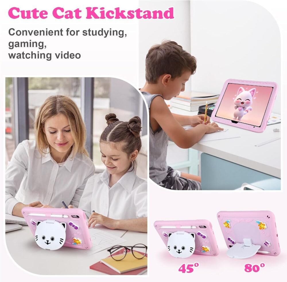 VOFUOE for iPad (A16) 11th Generation Case 2025, iPad 10th Generation Case 2022 10.9’’ Kids with Screen Protector Shoulder Strap 3D Cute Cat Stand Pencil Holder Hard Protective Cover-Pink - Image 4