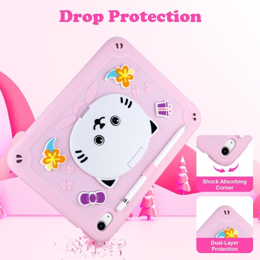VOFUOE for iPad (A16) 11th Generation Case 2025, iPad 10th Generation Case 2022 10.9’’ Kids with Screen Protector Shoulder Strap 3D Cute Cat Stand Pencil Holder Hard Protective Cover-Pink - Image 6