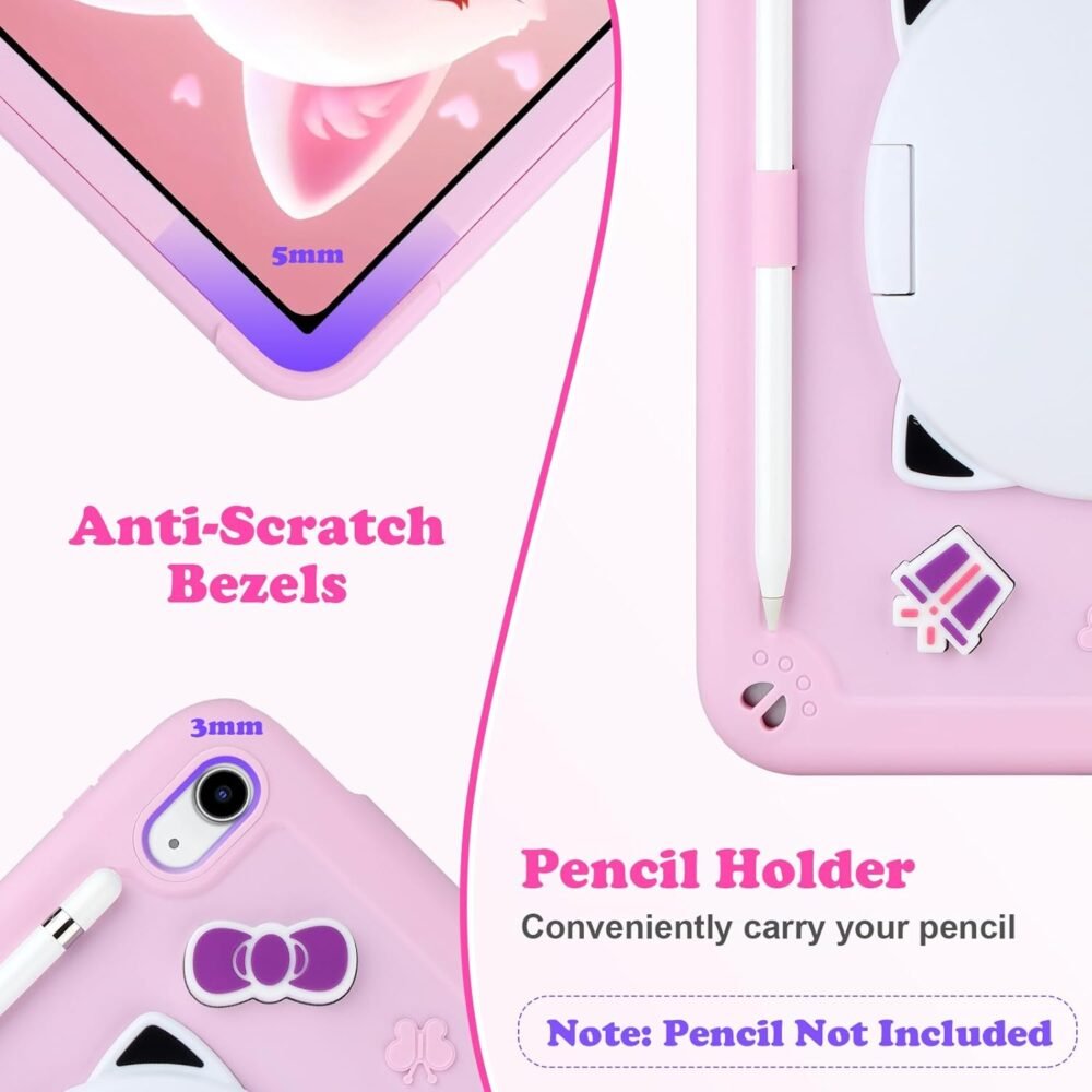 VOFUOE for iPad (A16) 11th Generation Case 2025, iPad 10th Generation Case 2022 10.9’’ Kids with Screen Protector Shoulder Strap 3D Cute Cat Stand Pencil Holder Hard Protective Cover-Pink - Image 7