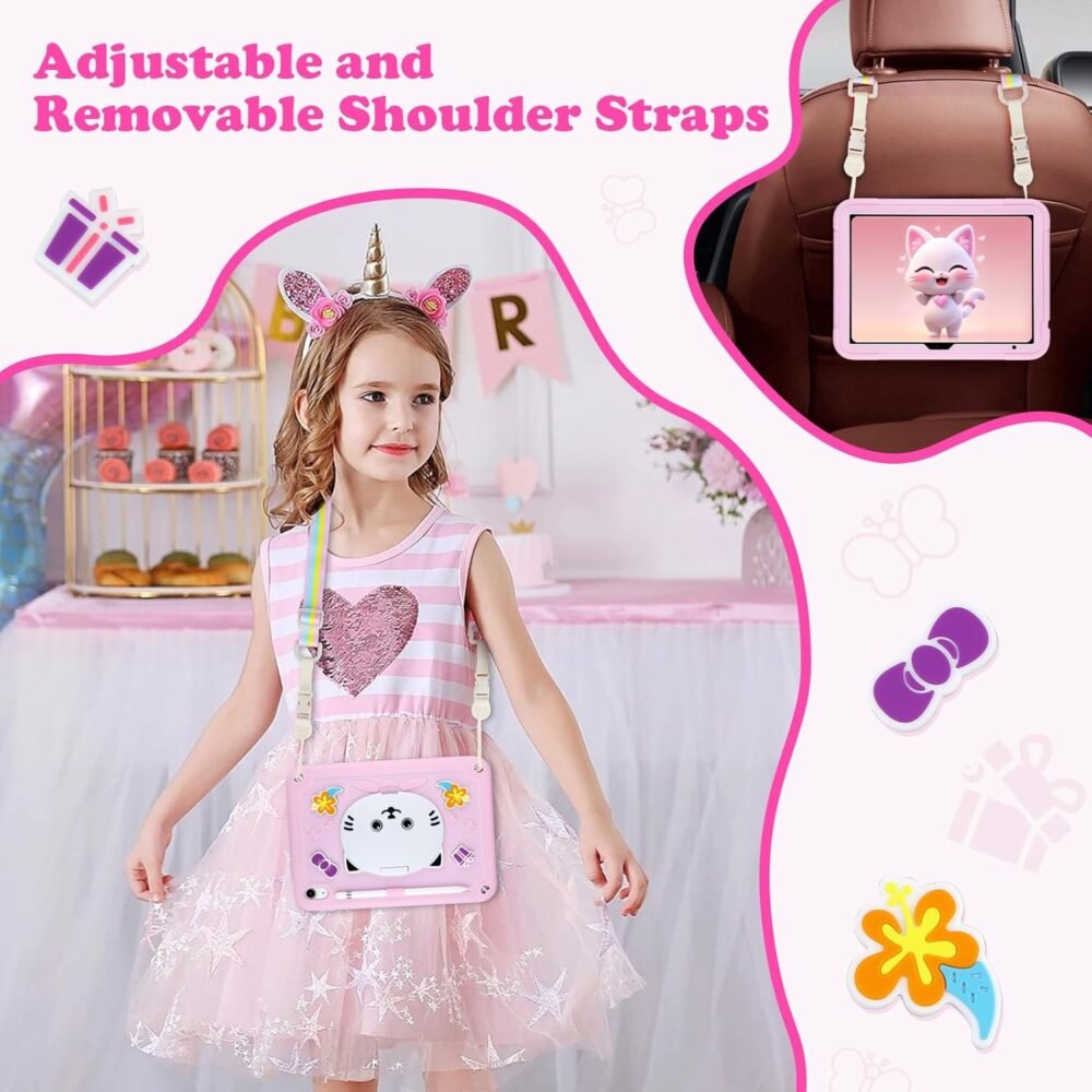 VOFUOE for iPad (A16) 11th Generation Case 2025, iPad 10th Generation Case 2022 10.9’’ Kids with Screen Protector Shoulder Strap 3D Cute Cat Stand Pencil Holder Hard Protective Cover-Pink - Image 8