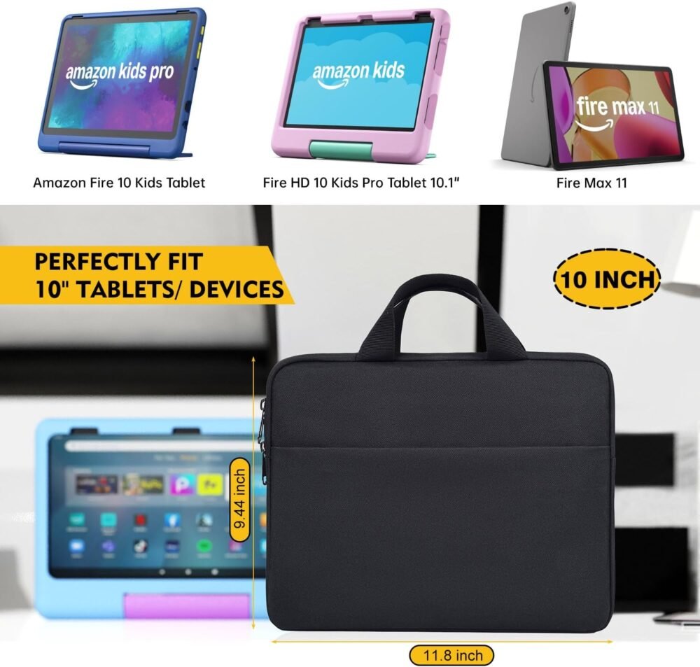 Kids Tablet Carrying Bag for Fire Max 11/Amazon Fire 10 Kids Tablet/Fire HD 10 Kids Pro Tablet 10.1", iPad Pro 11 M4/ Air M2 Sleeve Case Pouch, Black - Image 3