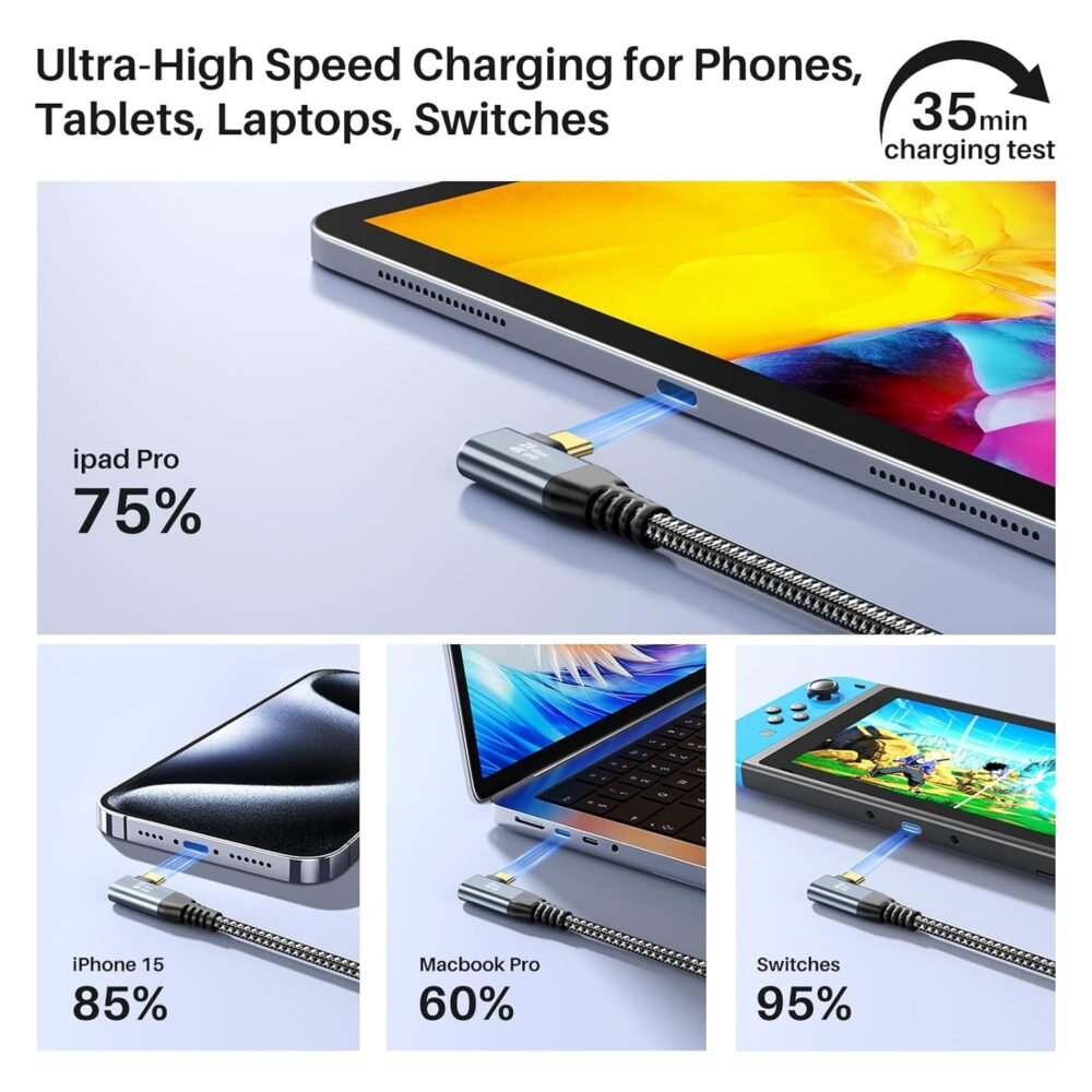6 inch USB C to USB C Cable [2-Pack 0.5FT], 20Gbps USB C High Speed Data Transfer Cable Short, Right Angle USB C 3.2 Gen 2×2 100W Charge, 4K@60Hz Type C Monitor Cable 90 Degree for MacBook,iPad,SSD - Image 4
