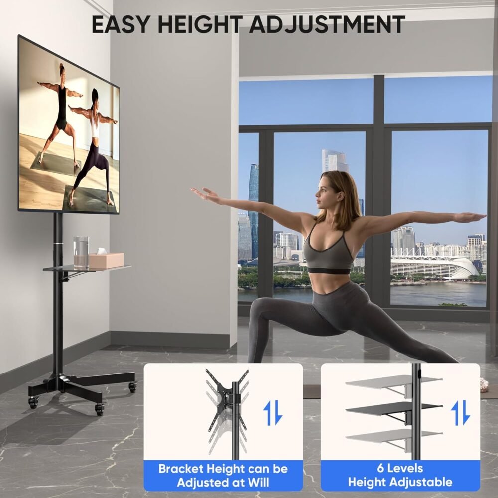 Mobile TV Cart for 23-55 Inch LCD LED Flat/Curved TVs with Tilting and Rotating, Portrait to Landscape, Height Adjustable Portable Rolling TV Stand with Wheels, up to 88lbs Max VESA 400x400 mm - Image 5