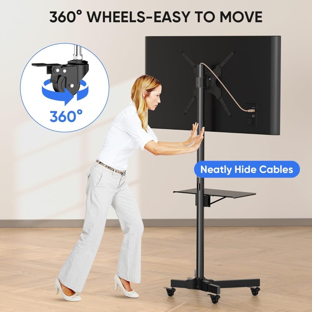 Mobile TV Cart for 23-55 Inch LCD LED Flat/Curved TVs with Tilting and Rotating, Portrait to Landscape, Height Adjustable Portable Rolling TV Stand with Wheels, up to 88lbs Max VESA 400x400 mm - Image 6