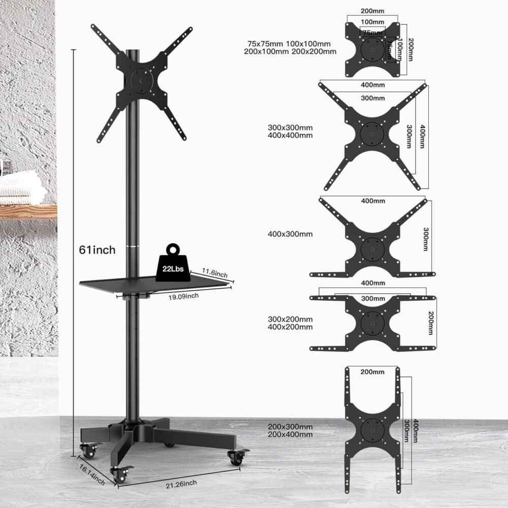 Mobile TV Cart for 23-55 Inch LCD LED Flat/Curved TVs with Tilting and Rotating, Portrait to Landscape, Height Adjustable Portable Rolling TV Stand with Wheels, up to 88lbs Max VESA 400x400 mm - Image 7