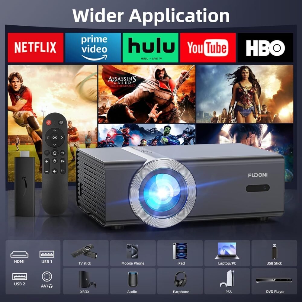 [Electric Focus/Auto Keystone] Projector with WiFi and Bluetooth, Native 1080P 800ANSI 4K Supported,FUDONI Outdoor Movie Projector for Home Theater UP to 300", for iOS/Android/Laptop/TV Stick/HDMI/USB - Image 9