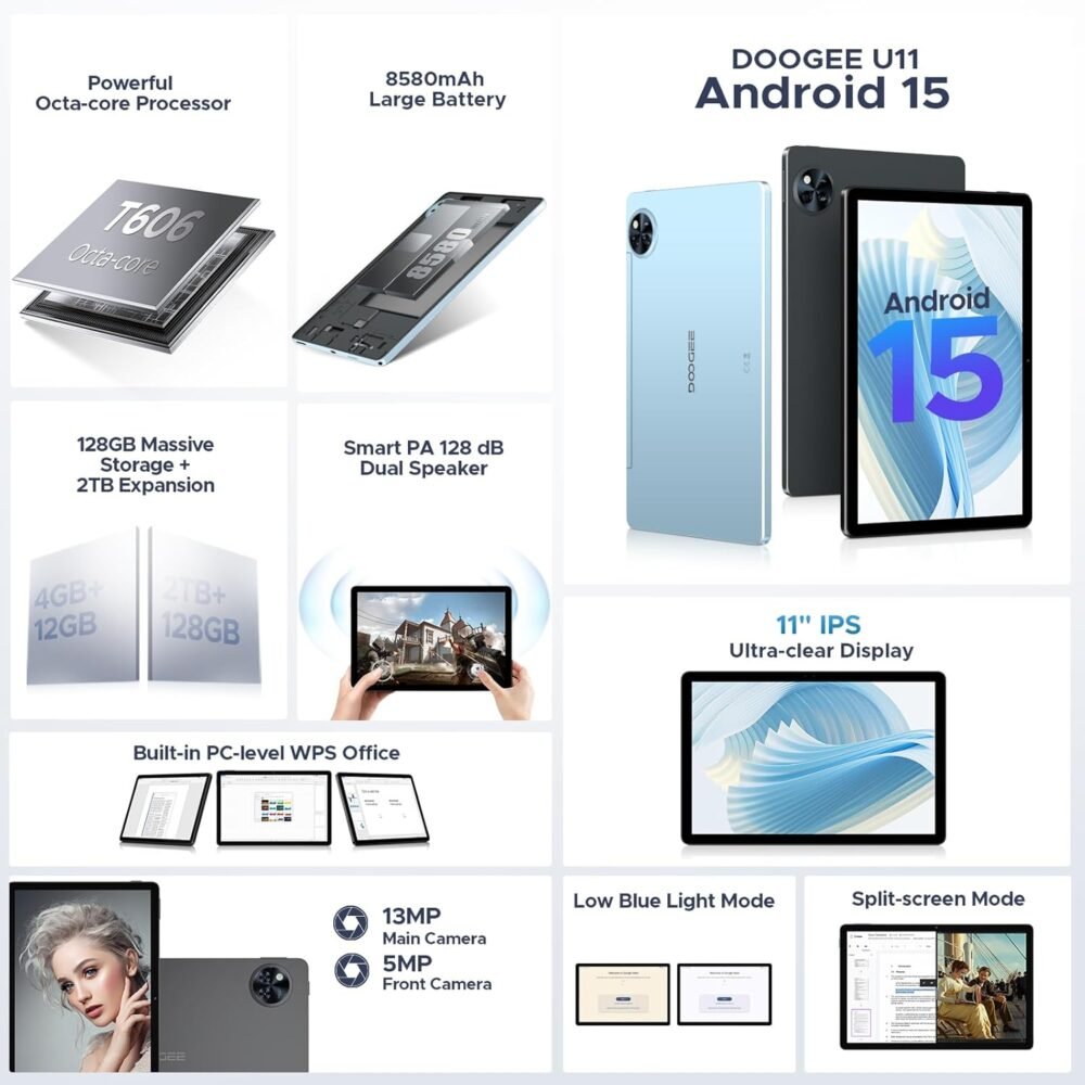 DOOGEE U11(2025) Android 15 Tablet, 11 inch Tablet 16GB+128GB/2TB TF Octa-Core 90Hz Display, 8580mAh, Netflix 1080P,Bluetooth 5.0+5G WiFi Tablets, 13MP+5MP, Face ID,Metal Body-Black - Image 3