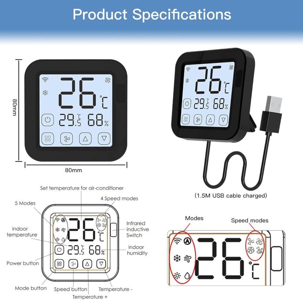Smart IR ler,Smart IR Air Conditioner Controller Thermostat with LCD Display App Control Temperature Humidity Sensor Monitor Compatible with Alexa Home for Mini Split Portable AC - Image 4