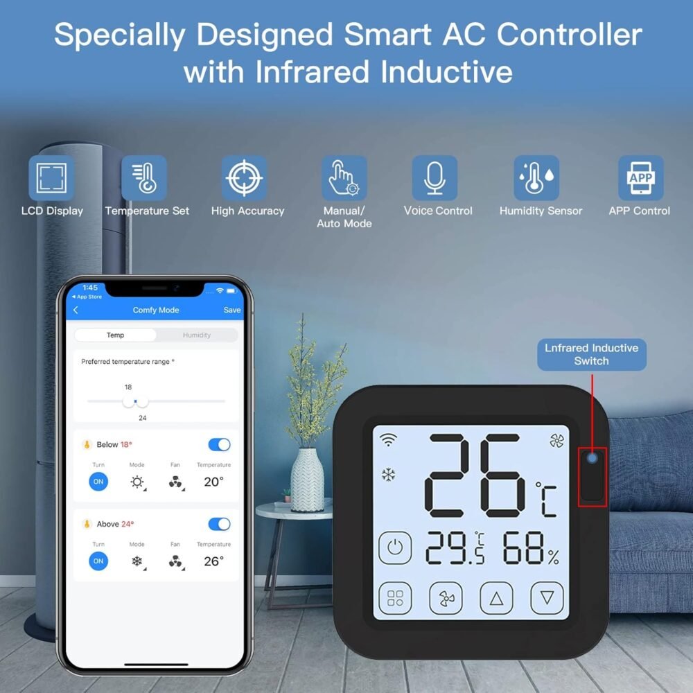 Smart IR ler,Smart IR Air Conditioner Controller Thermostat with LCD Display App Control Temperature Humidity Sensor Monitor Compatible with Alexa Home for Mini Split Portable AC - Image 5