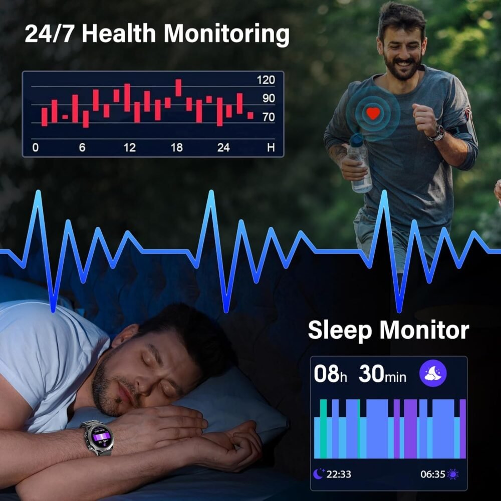 Military Smart Watches for Men(Answer/Make Calls), 1.39"HD Fitness Watch, 24/7 Heart Rate Sleep Monitor, Smart Watch for Men 110+ Sport Modes, 30Day, IP68 Waterproof Smartwatch for Android iOS, Black - Image 6