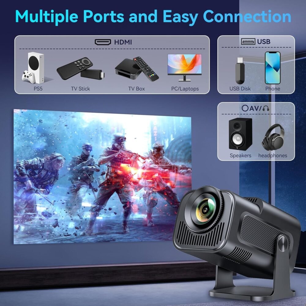 Smart Mini Projector with Android 11.0,2025 Upgraded Portable Projector 1080P 4K Full HD with WiFi 6 and BT5.2,180°Adjustable Stand, Auto Keystone Home Projector for Phone/TV Stick/Laptop - Image 5