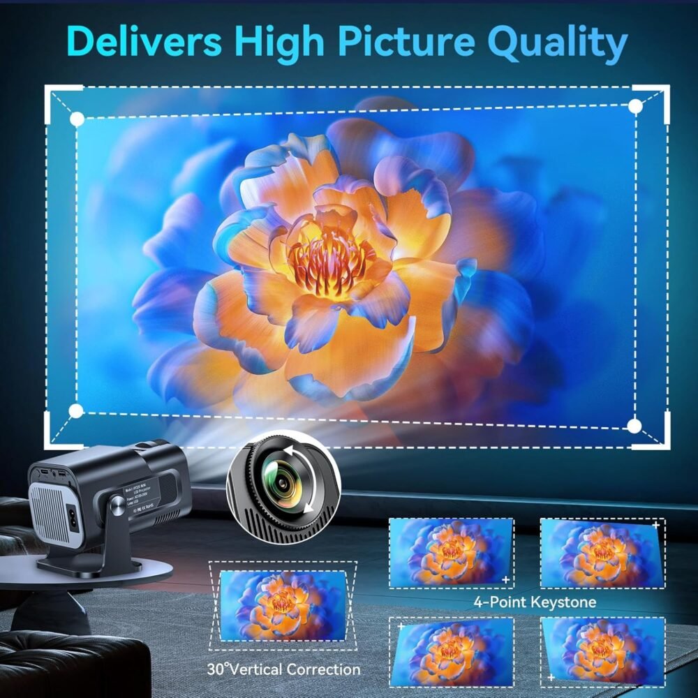 Smart Mini Projector with Android 11.0,2025 Upgraded Portable Projector 1080P 4K Full HD with WiFi 6 and BT5.2,180°Adjustable Stand, Auto Keystone Home Projector for Phone/TV Stick/Laptop - Image 6