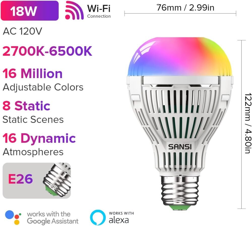 SANSI Smart Light Bulb, Full Color Changing Dimmable Smart WiFi Bulbs Compatible with Alexa and Google Home, A21 18W 150W Equiv. 2000 Lumens Bright RGB Bulb, 2.4Ghz only No Hub Required - Image 3