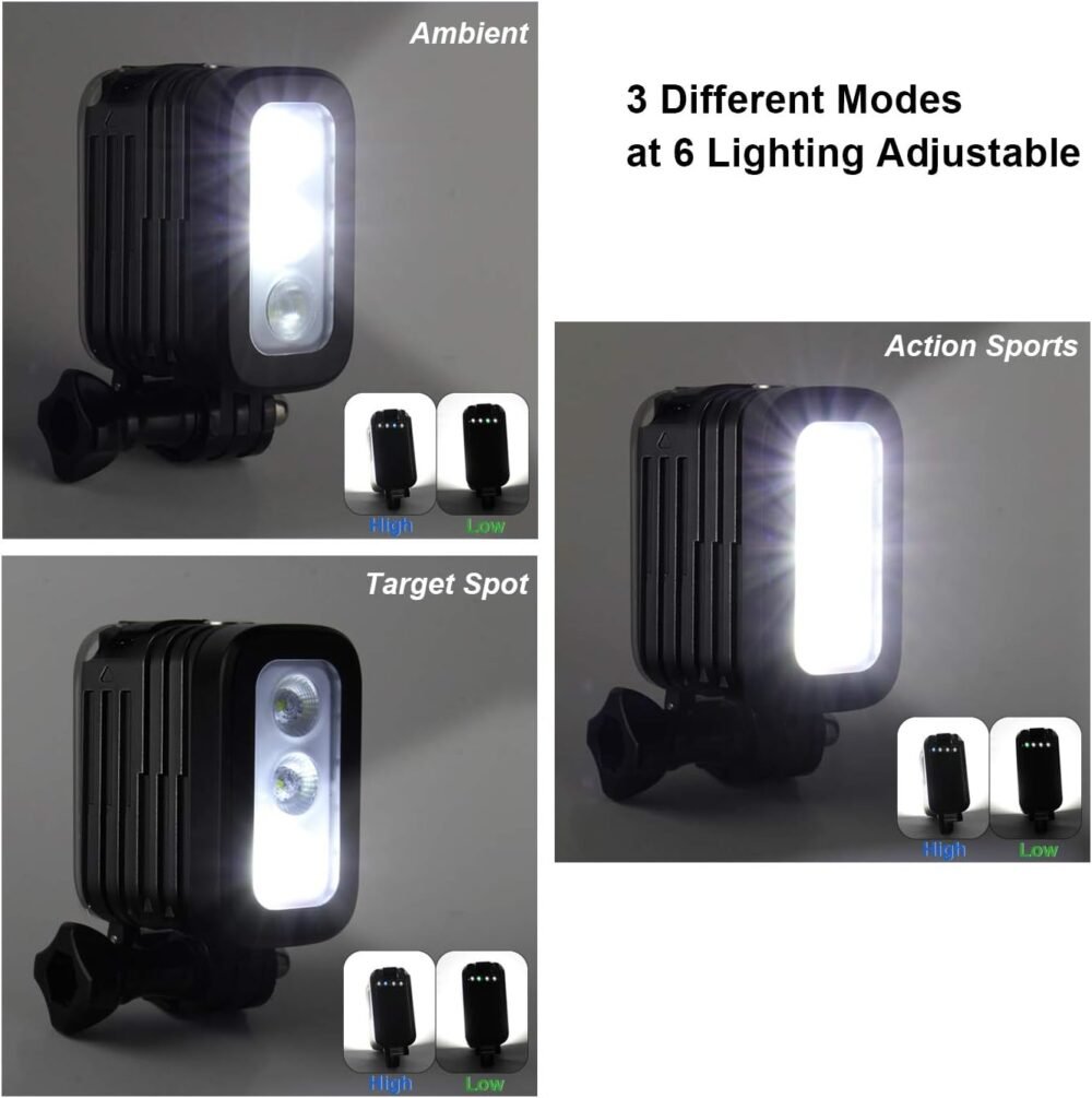 Underwater Light Dive Lights 164FT 3 Modes High Power Dimmable Waterproof LED Video Fill Night Light for Gopro Hero 13 12 11 10 9 8 7 6 5 4 3+ 3 Black DJI OSMO Action 5 Pro 4 3 Insta360 - Image 8
