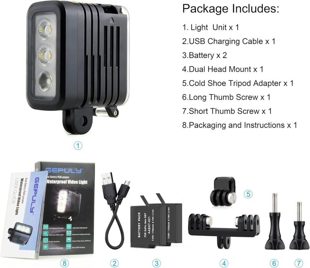 Underwater Light Dive Lights 164FT 3 Modes High Power Dimmable Waterproof LED Video Fill Night Light for Gopro Hero 13 12 11 10 9 8 7 6 5 4 3+ 3 Black DJI OSMO Action 5 Pro 4 3 Insta360 - Image 10
