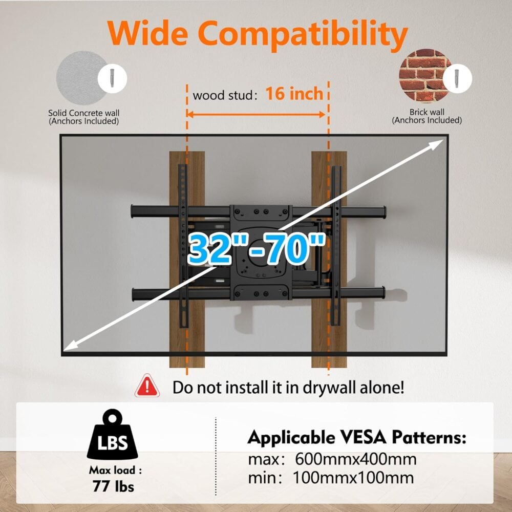 Corner Long Arm TV Wall Mount with 25.6inch Extension,Full Motion TV Mount 90 Degree Swivel Tilt Heavy Duty for 32-70''Screens, Load 77lbs,Max VESA 600x400mm, Fit 16''Stud - Image 3