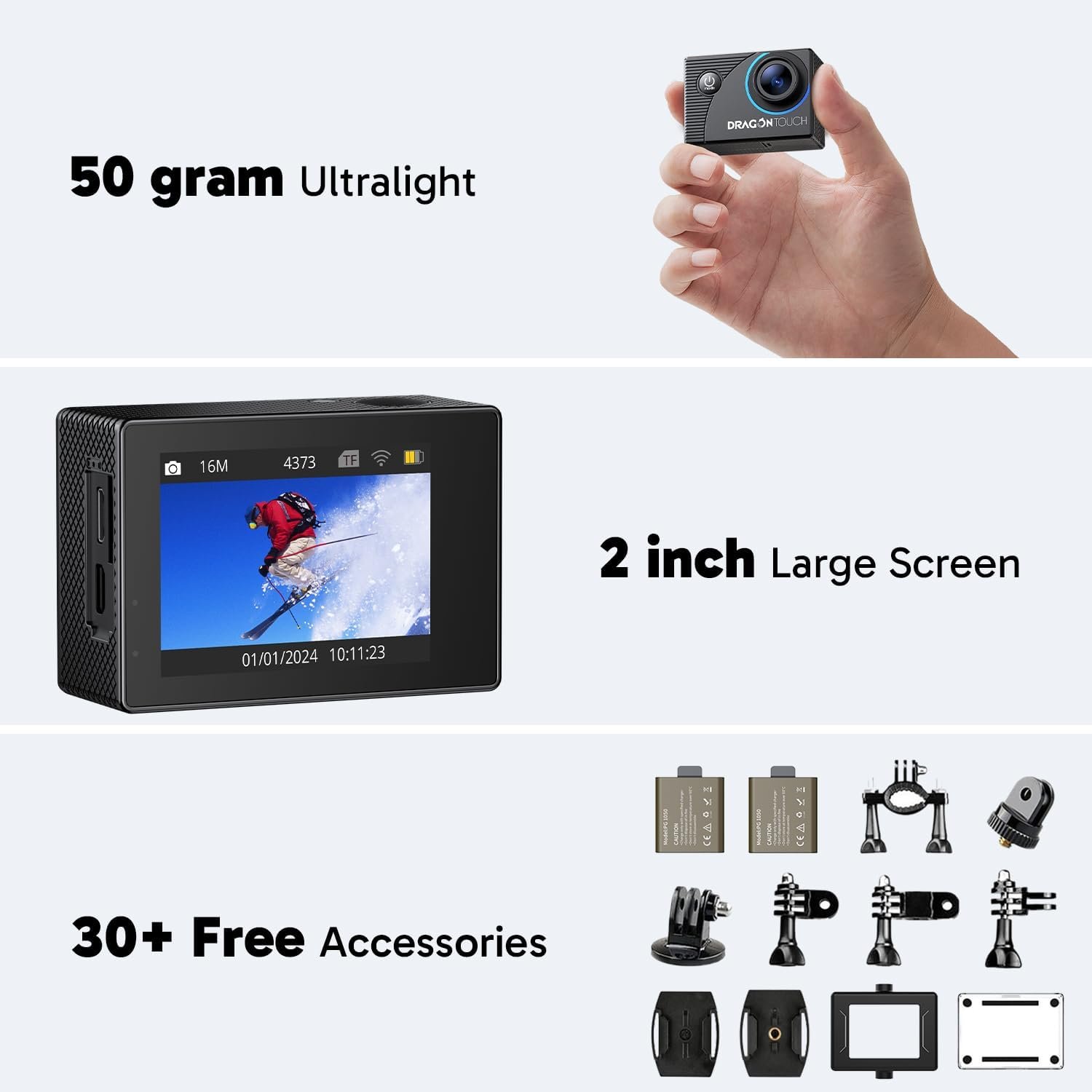 Dragon Touch Action Camera 4K 20MP 30FPS 100FT Waterproof Underwater Camera 170° Wide Angle WiFi Sports Cam with Remote 2 Batteries and Mounting Accessories Kit - Image 6