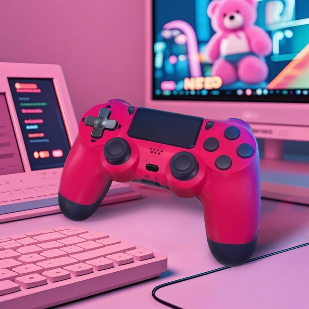 Wireless Controller for PS4 Pink with Thumb Caps, Game Remote Controller for PS4/Slim/Pro/PC with Dual Vibration/6-Axis Gyro/3.5mm Audio Jack/Touch Pad/USB-C Port and Cable/1000mAh Battery - Image 8