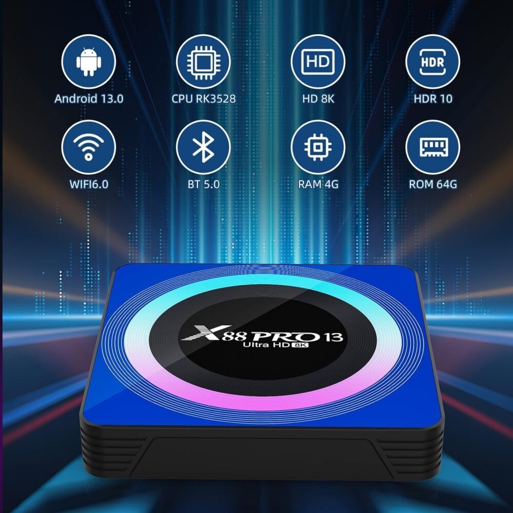 Android TV Box 13.0, Android Box 4GB RAM 64GB ROM, Quad Core Smart 8K TV Box with Mini Keyboard Support 2.4G/5.0GHz Dual WiFi 100M Ethernet Bluetooth - Image 5
