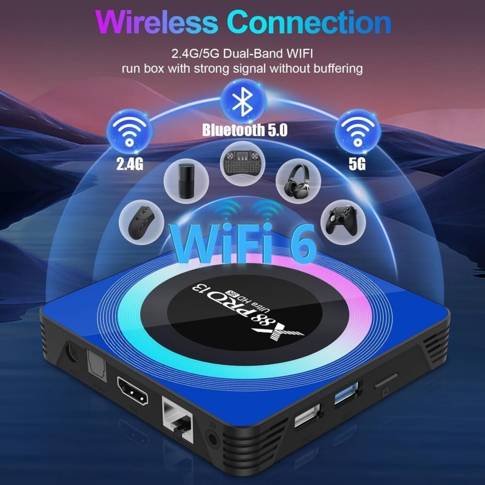 Android TV Box 13.0, Android Box 4GB RAM 64GB ROM, Quad Core Smart 8K TV Box with Mini Keyboard Support 2.4G/5.0GHz Dual WiFi 100M Ethernet Bluetooth - Image 7