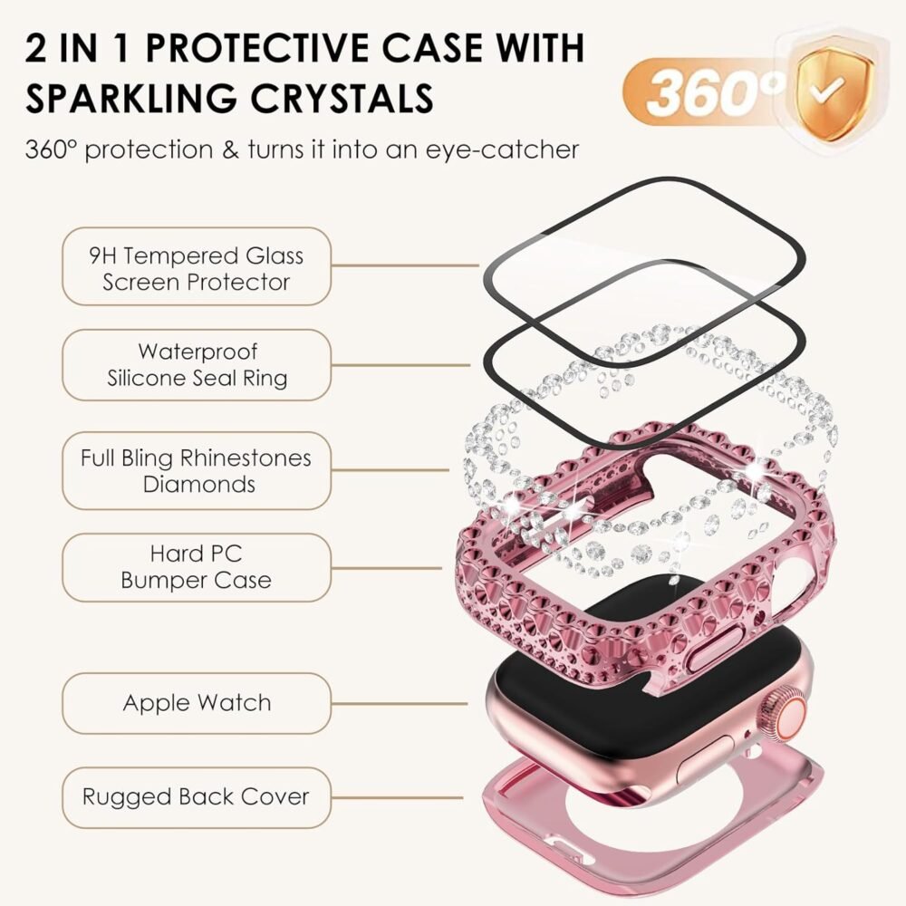 WINGLE 2 in 1 Waterproof Case for Apple Watch 40mm Screen Protector Case Series 6 5 4 SE, Bling Lace Edge Diamond Face Cover Full Glitter Rhinestone Protective Bumper for iWatch Women, 40 mm Pink - Image 3