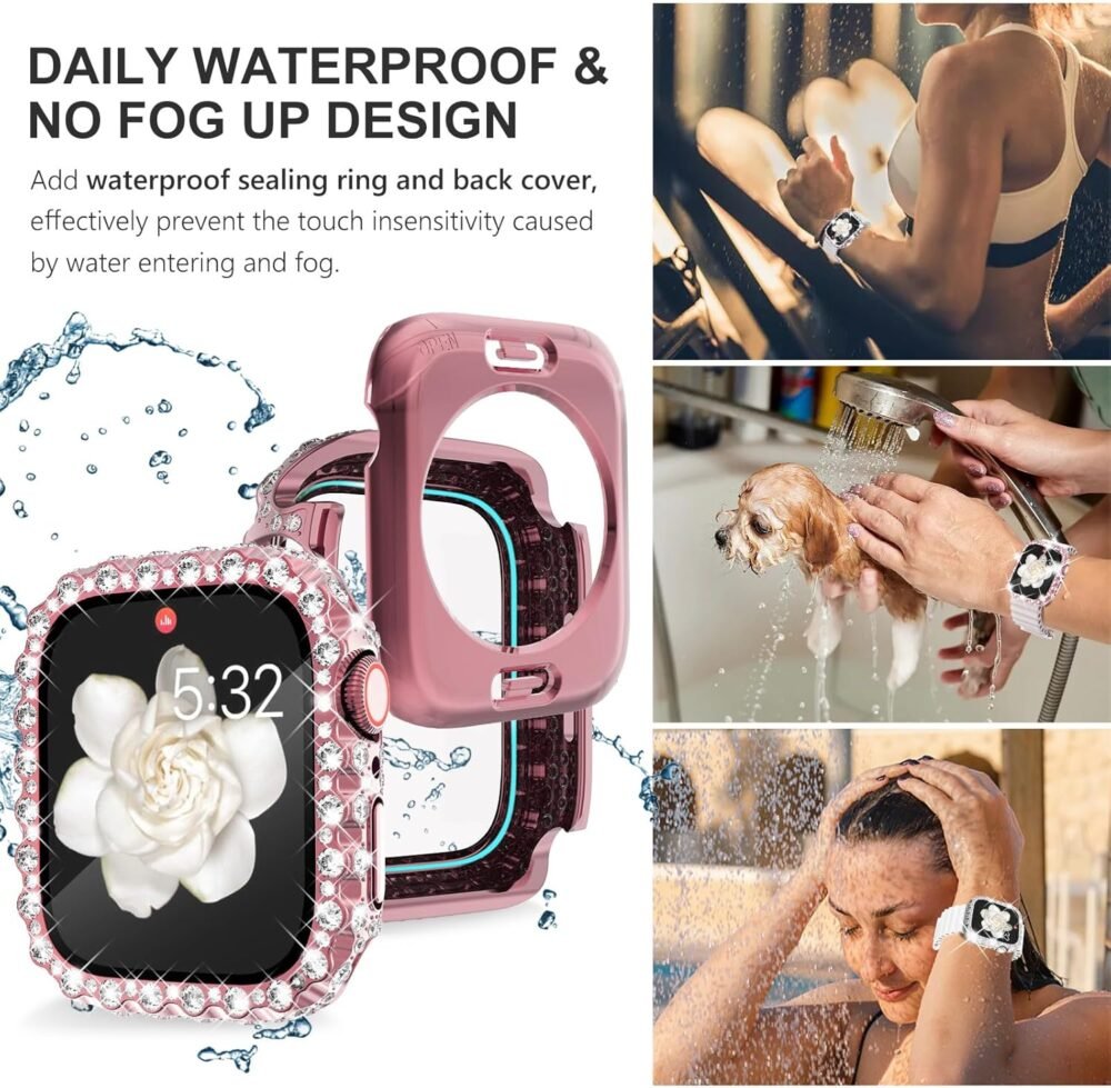 WINGLE 2 in 1 Waterproof Case for Apple Watch 40mm Screen Protector Case Series 6 5 4 SE, Bling Lace Edge Diamond Face Cover Full Glitter Rhinestone Protective Bumper for iWatch Women, 40 mm Pink - Image 4