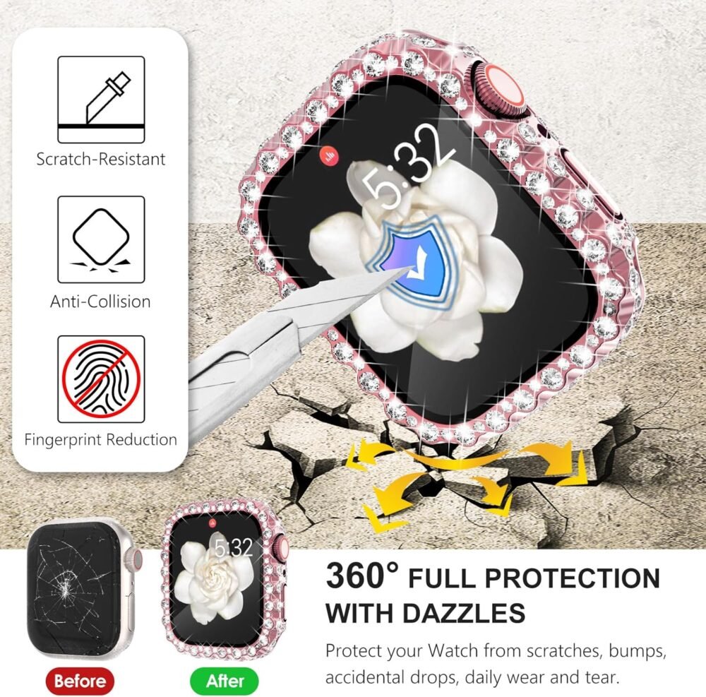WINGLE 2 in 1 Waterproof Case for Apple Watch 40mm Screen Protector Case Series 6 5 4 SE, Bling Lace Edge Diamond Face Cover Full Glitter Rhinestone Protective Bumper for iWatch Women, 40 mm Pink - Image 5