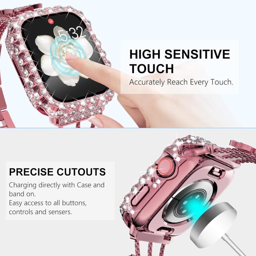WINGLE 2 in 1 Waterproof Case for Apple Watch 40mm Screen Protector Case Series 6 5 4 SE, Bling Lace Edge Diamond Face Cover Full Glitter Rhinestone Protective Bumper for iWatch Women, 40 mm Pink - Image 6