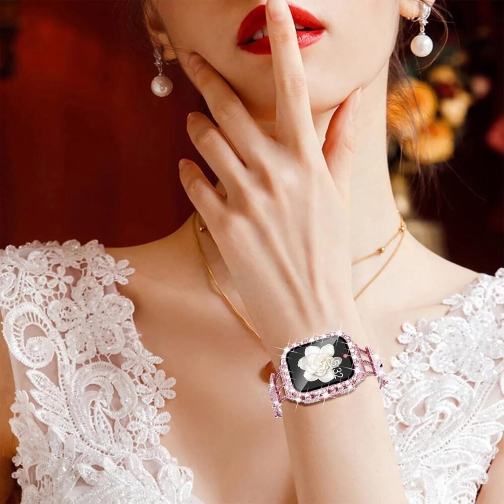 WINGLE 2 in 1 Waterproof Case for Apple Watch 40mm Screen Protector Case Series 6 5 4 SE, Bling Lace Edge Diamond Face Cover Full Glitter Rhinestone Protective Bumper for iWatch Women, 40 mm Pink - Image 7