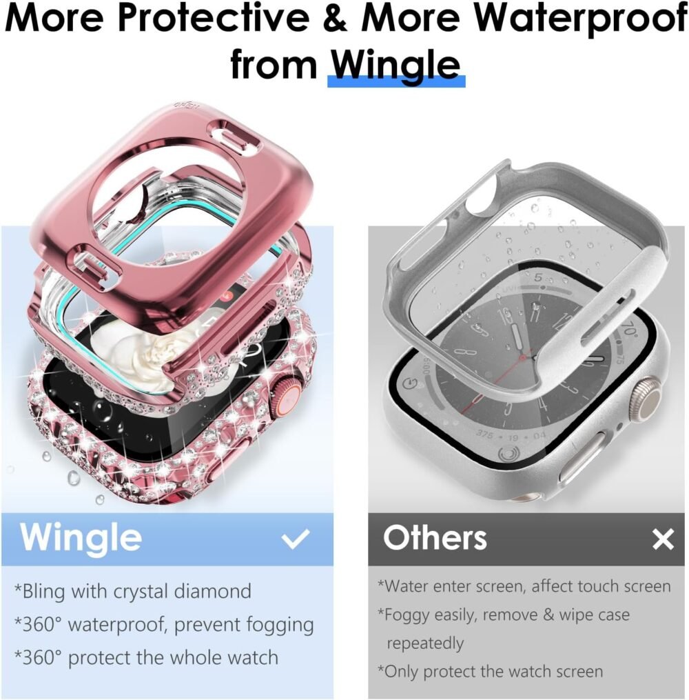 WINGLE 2 in 1 Waterproof Case for Apple Watch 40mm Screen Protector Case Series 6 5 4 SE, Bling Lace Edge Diamond Face Cover Full Glitter Rhinestone Protective Bumper for iWatch Women, 40 mm Pink - Image 9