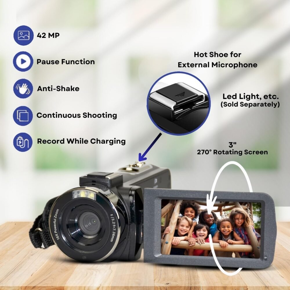 4K Camera Camcorder 42MP Video Recorder Camera Support Vlogging YouTube TikTok Digital Camcorder with 3" LCD Screen,18X Digital Zoom for Adults Kids Teens Beginners - Image 8