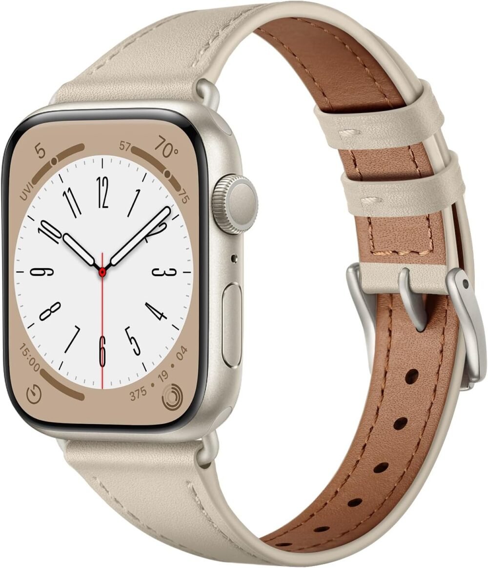 Slim Leather Bands Compatible with Apple Watch Band 42mm 41mm 40mm 38mm, Genuine Leather Replacement Strap for iWatch Series 10/9/8/7/6/5/4/3/2/1/SE Women, Starlight/Starlight - Image 3