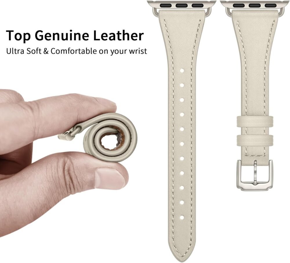 Slim Leather Bands Compatible with Apple Watch Band 42mm 41mm 40mm 38mm, Genuine Leather Replacement Strap for iWatch Series 10/9/8/7/6/5/4/3/2/1/SE Women, Starlight/Starlight - Image 4