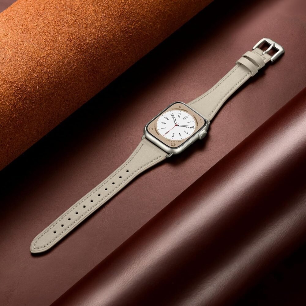 Slim Leather Bands Compatible with Apple Watch Band 42mm 41mm 40mm 38mm, Genuine Leather Replacement Strap for iWatch Series 10/9/8/7/6/5/4/3/2/1/SE Women, Starlight/Starlight - Image 5