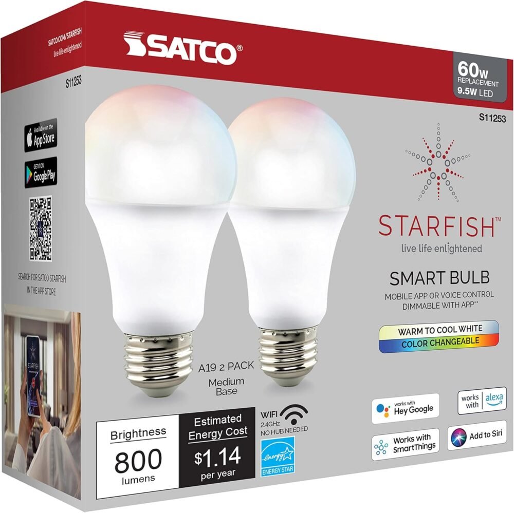 Satco S11253 Starfish 9.5-Watt A19 WiFi Smart LED Color-Changing Light Bulb, Works with Siri, Alexa, Google Assistant, SmartThings, 2700K-5000K, 800 Lumens, 2-Pack - Image 9